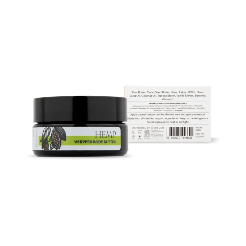 Cutie și recipient Unt de Corp cu CBD Endoca, 450mg CBD, cu unt de shea, cacao, ulei de cocos și extract de cânepă