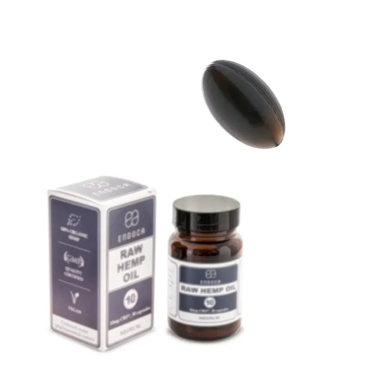 Capsulă gelatinoasă Endoca CBD+CBDa de 10mg, cu flacon brun și ambalaj original vizibile în fundal