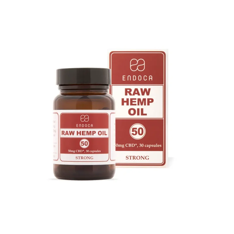 Flacon Endoca RAW Hemp Oil cu 50mg CBD+CBDa per capsulă, 30 capsule, ambalaj roșu Strong