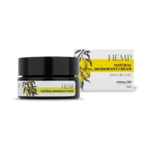 Borcan de deodorant natural cu CBD 100mg de la Endoca, 100% organic, fără aluminiu, în ambalaj alb cu lămâi galbene ilustrate.