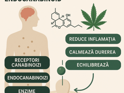 Infografic care ilustrează sistemul endocanabinoid uman și rolul CBD-ului în reducerea inflamației, calmarea durerii și echilibrarea organismului