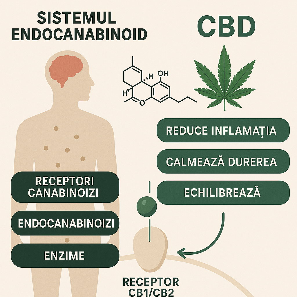 Infografic care ilustrează sistemul endocanabinoid uman și rolul CBD-ului în reducerea inflamației, calmarea durerii și echilibrarea organismului