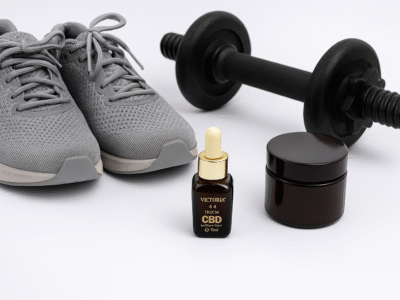 Pantofi sport gri, ganteră neagră, ulei CBD și un recipient de cremă CBD aranjate pe fundal alb