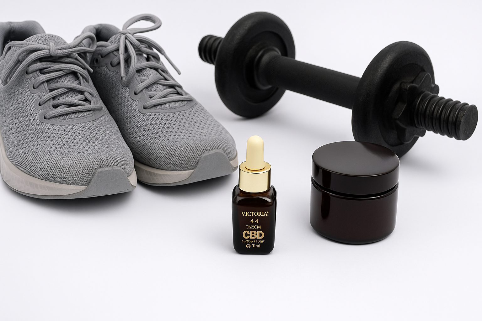 Pantofi sport gri, ganteră neagră, ulei CBD și un recipient de cremă CBD aranjate pe fundal alb