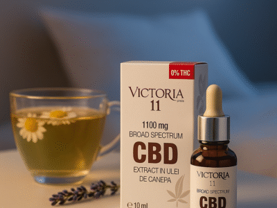Sticluță de ulei CBD Victoria Mea 11% pe fundal alb, alături de elemente de relaxare pentru somn
