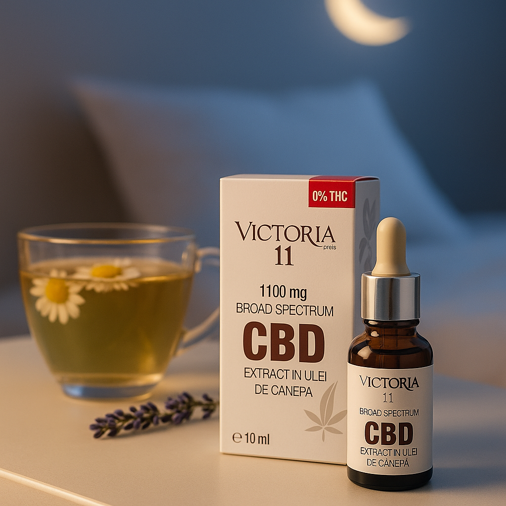 Sticluță de ulei CBD Victoria Mea 11% pe fundal alb, alături de elemente de relaxare pentru somn