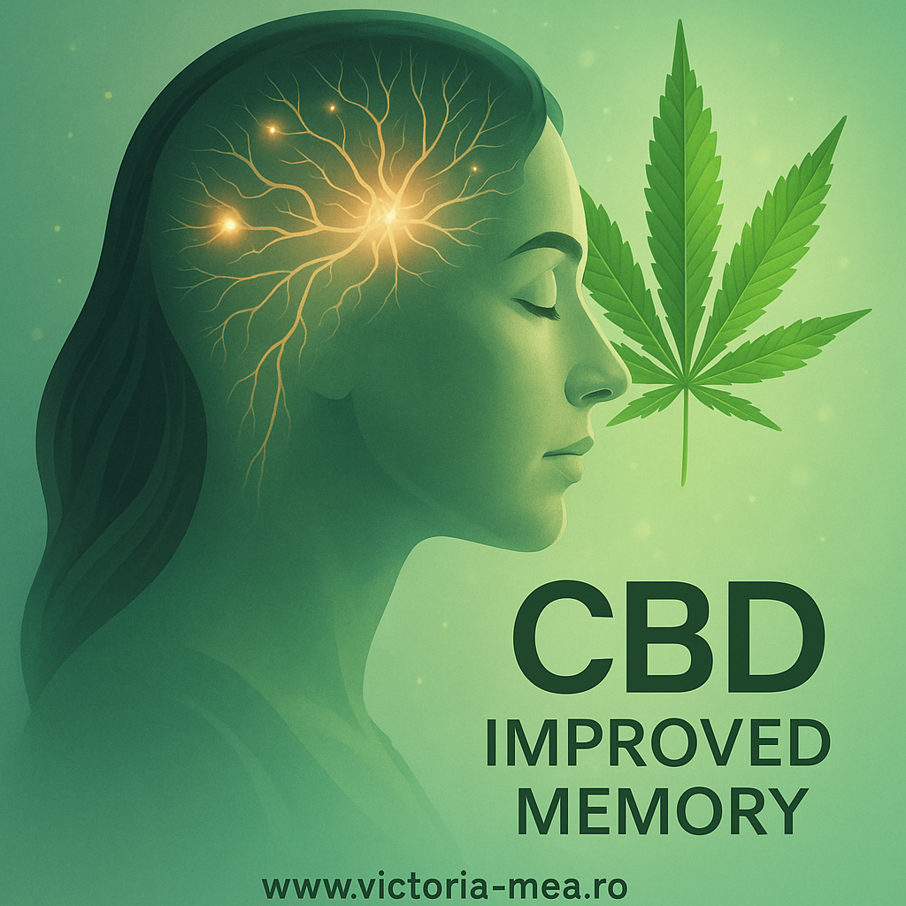 Femeie cu ochii închiși, reprezentată alături de o rețea neurală iluminată în creier și o frunză de canabis, simbolizând beneficiile CBD pentru memorie.