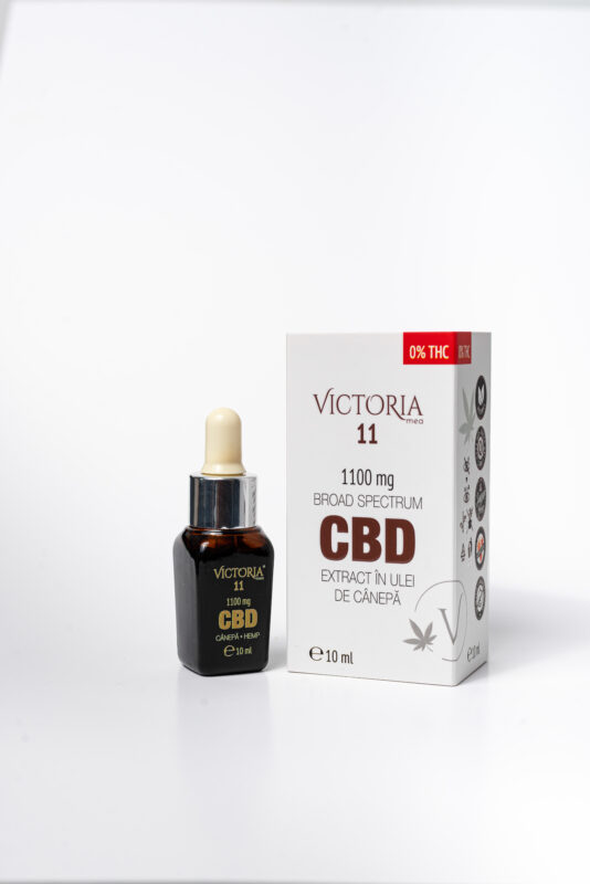 Flacon de 10 ml de ulei CBD Victoria Mea 11%, lângă ambalajul original alb inscripționat cu „0% THC” și „Broad Spectrum”- cum alegi produsul cbd,