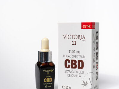 Flacon de 10 ml de ulei CBD Victoria Mea 11%, lângă ambalajul original alb inscripționat cu „0% THC” și „Broad Spectrum”- cum alegi produsul cbd,