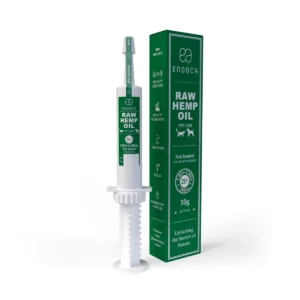 Extract de cânepă RAW pentru animale Endoca, 20% CBD+CBDa, în seringă albă de 10g, ambalat în cutie verde PET LINE