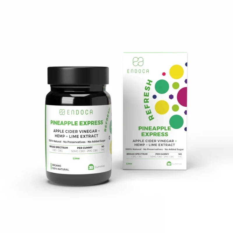 Jeleuri cu CBD Pineapple Express Endoca fără THC, aromă de ananas, 30 jeleuri cu 50 mg CBD și 2 mg CBG per jeleu