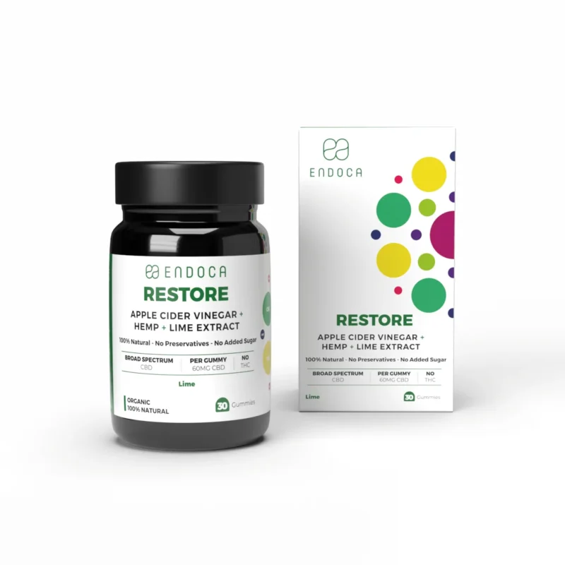 Jeleuri cu CBD Restore Endoca 1200mg fără THC, aromă de lime, 30 gummies cu 40 mg CBD per jeleu