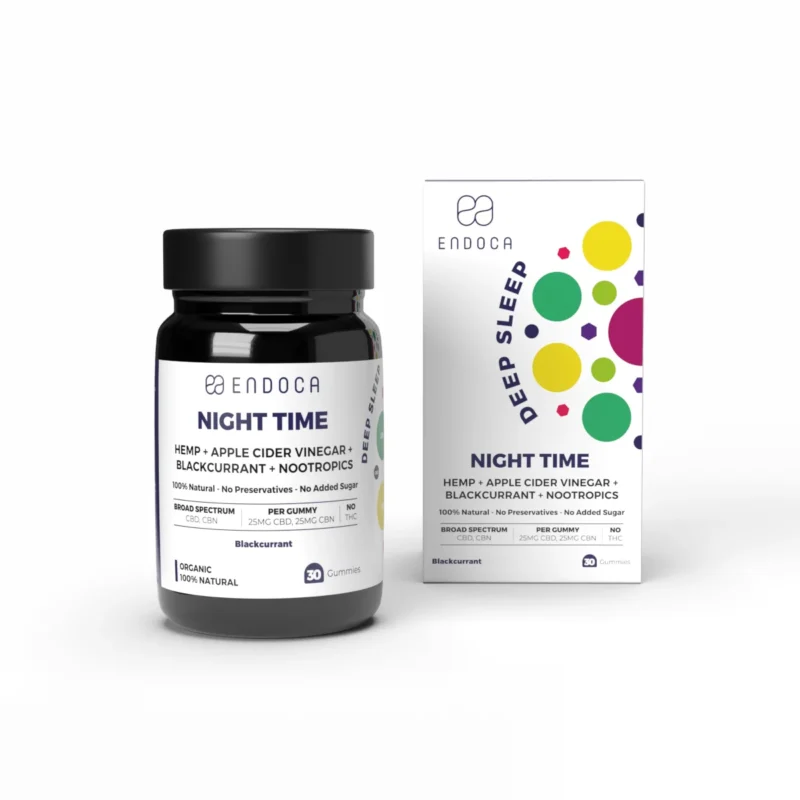 Jeleuri cu CBD Night Time Endoca fără THC, aromă de coacăze negre, 30 jeleuri cu 40 mg CBD și 15 mg CBN per jeleu
